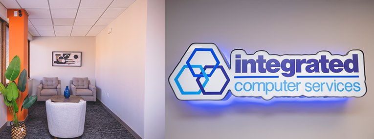 ICS reception area and illuminated logo wall